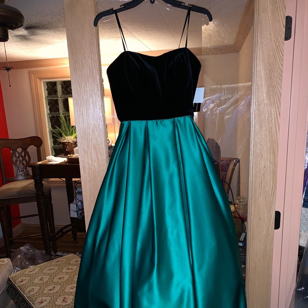 Betsy & Adam Black Velvet and Emerald Green Gown